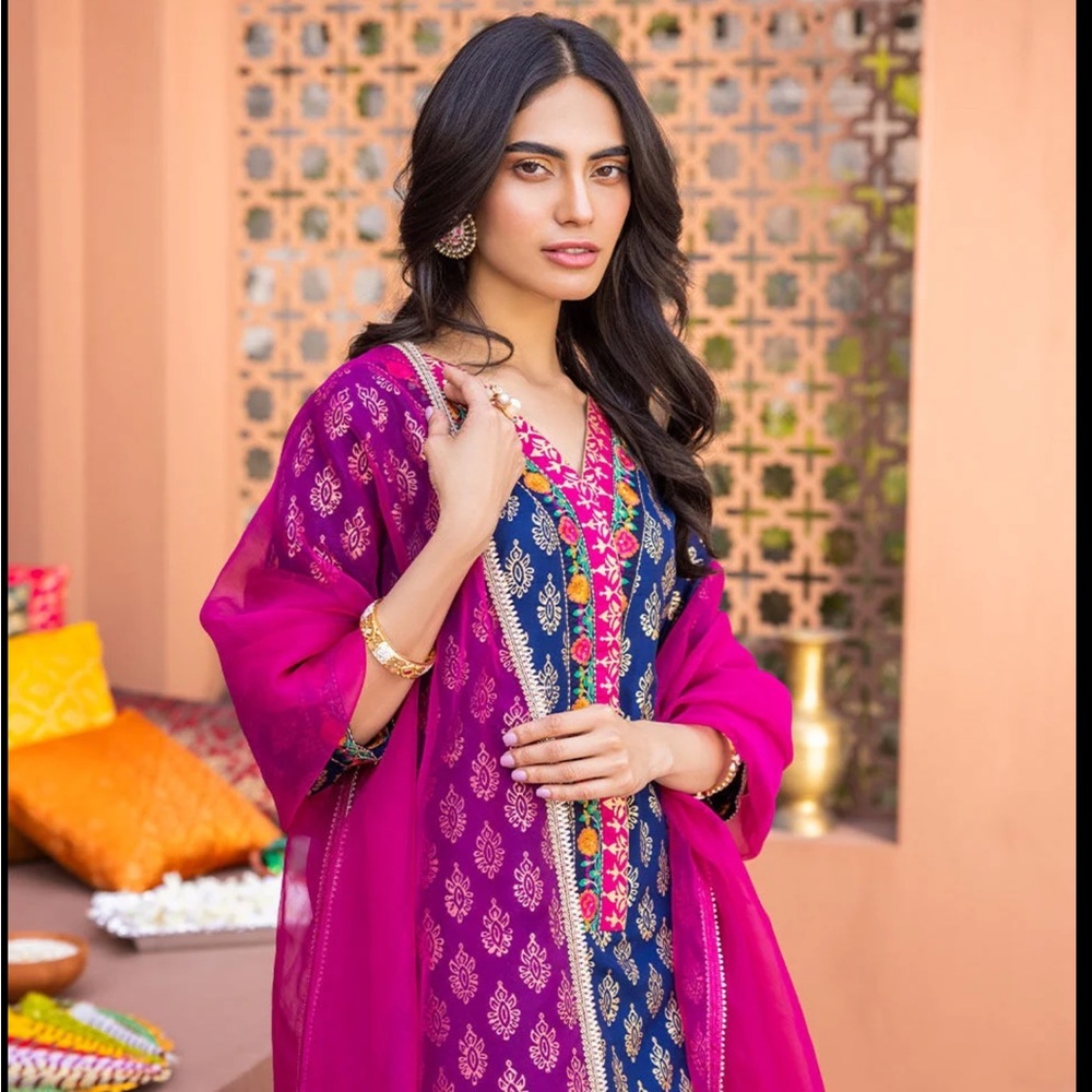 Navy & Fuchsia Embroidered Wedding Salwar Kameez Set - Picture 4 of 14